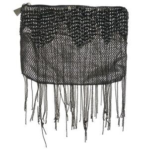 Zara Black Metallic Beaded Clutch Bag with Sequins and Chain Fringe